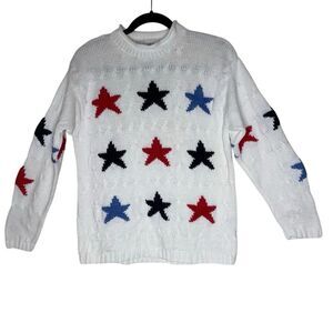 Vintage Marisa Christina Sweater White Cable With Red/Blue/Black Stars Size L